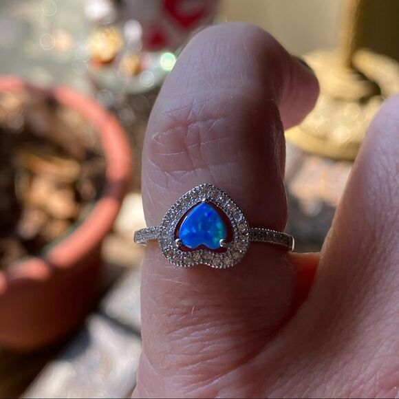 Blue Opal & CZ Heart Sterling Silver Ring size 6 - Picture 6 of 7